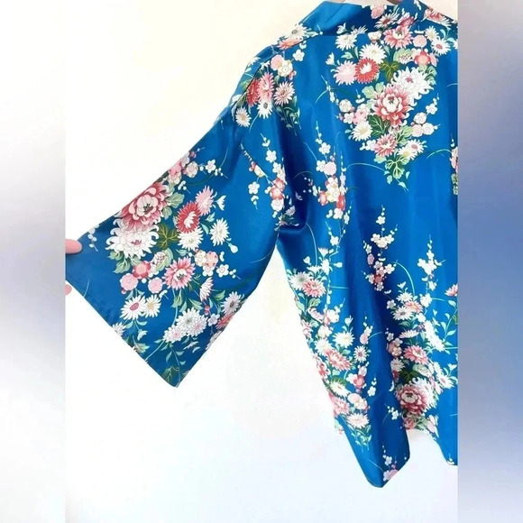 Vintage Blue Floral Satin Kimono Top & Wide Leg Pants Asian Boho 2 Piece Set - Picture 9 of 15